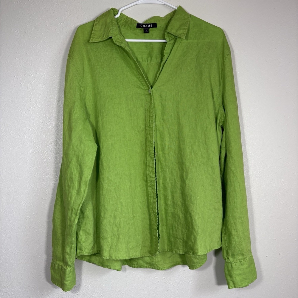 Chaus Button Up Long Sleeve Sz 16 Green Lightweight Lagenlook Resort 100% Linen